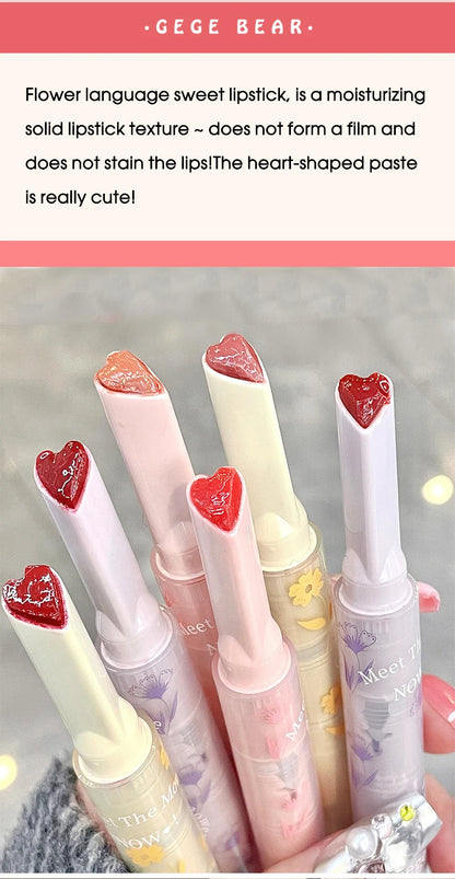 Gege Bear Floral Whisper Moisturizing Mirror Shine Lipstick — Glossy Jelly Finish, Heart-Shaped Bullet, Hydrating Lip Balm