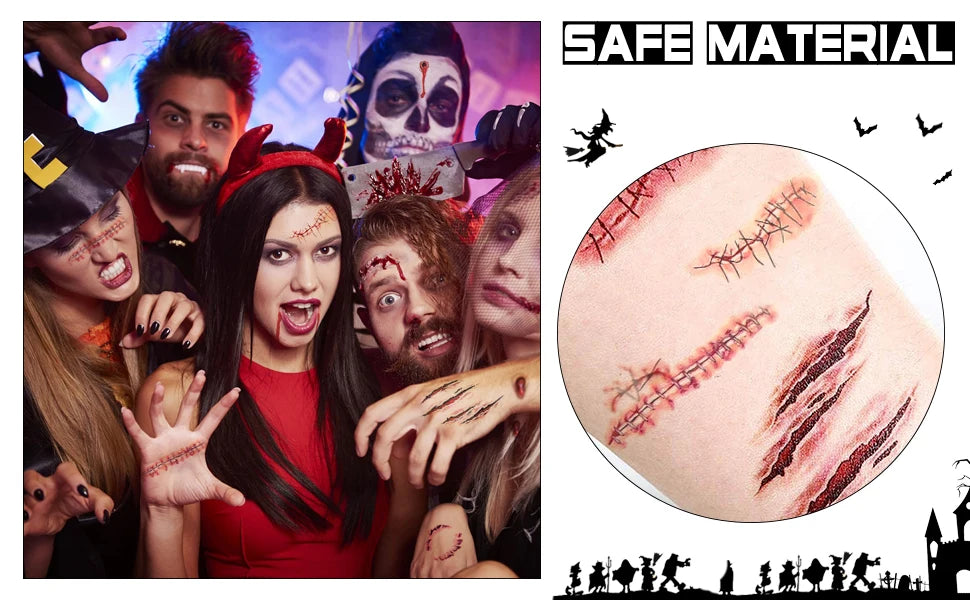 Halloween Temporary Scar Tattoos Sticker Realistic Bloody Wound Scab Body Face Decals for Makeup Masquerade Cosplay Party Prop