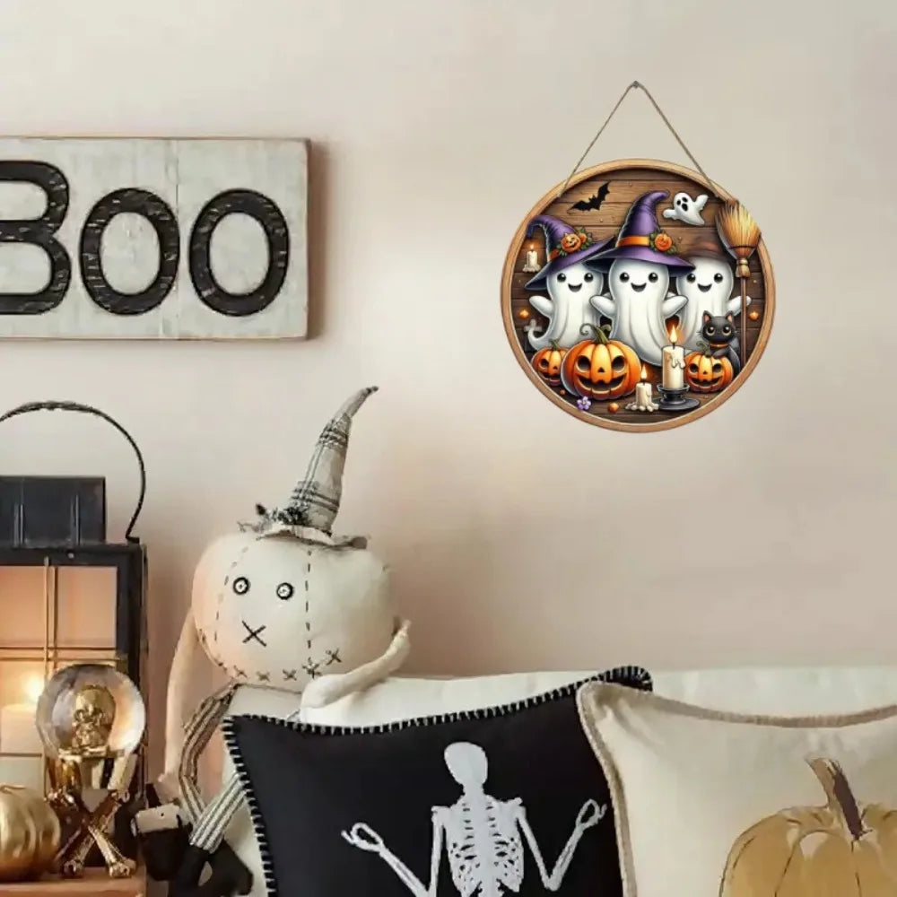 Halloween Witch Hat Circular Wooden Sign - Cute Ghost, Pumpkin, Bat Design, Suitable for Home Kitchen, Garden Porch Decoration