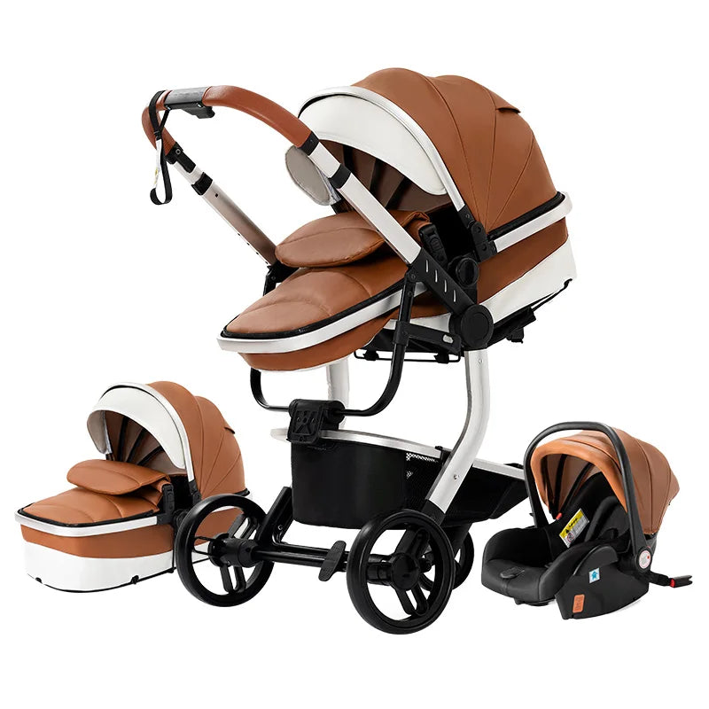 Lightweight Baby Stroller 3 in 1 Stroller PU Leather Stroller for Newborn Baby Car Seat Portable Baby Cart Pram High Landscape
