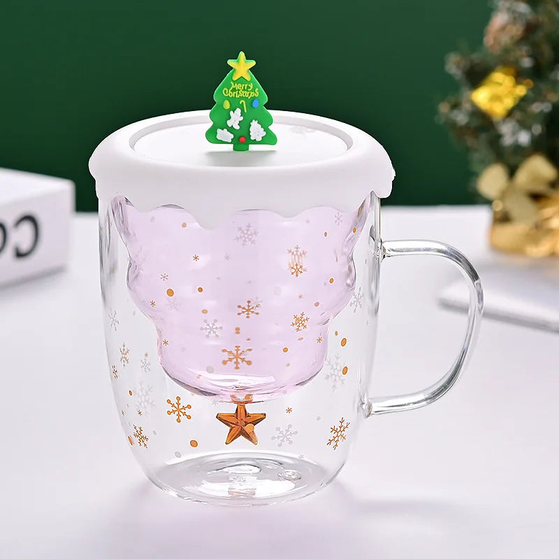 Christmas Tree Cup Transparent Double Heat Resistant Creative Couples Mug Snowflake Drinking Glass Children's Gift Coffee Cups