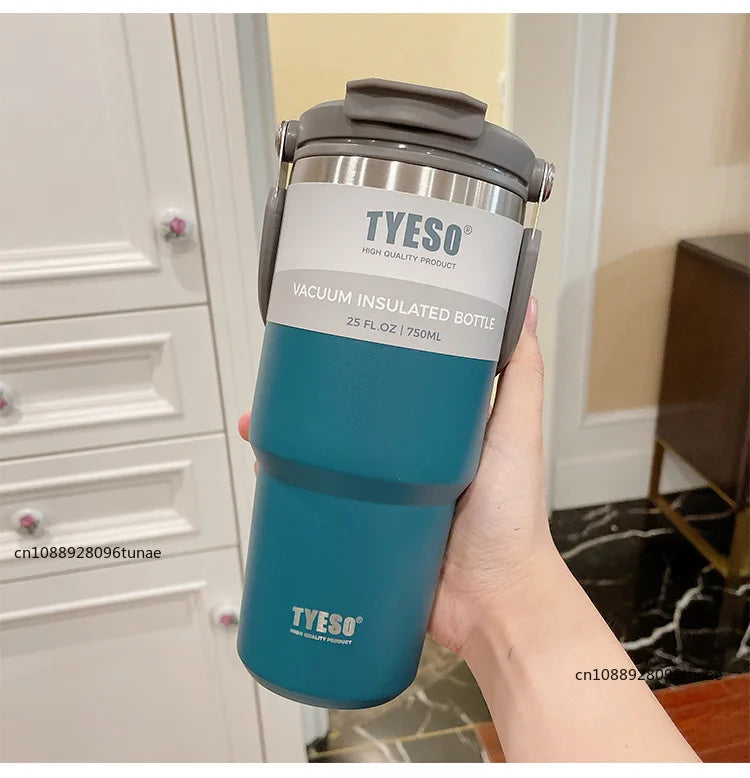 Tyeso 600/750/900ML Car Coffee Cup Thermo Bottle with Straw Portable Sport Insulated Vacuum Flask Travel Thermal Water Bottle