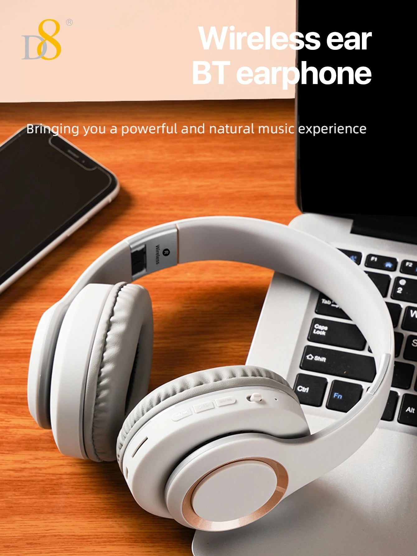 D8 Over Ear  Headphones,  Wireless and Wired Headset Built-in Microphone,  Micro SD Card Slot - (Stealth)  40H Playtime