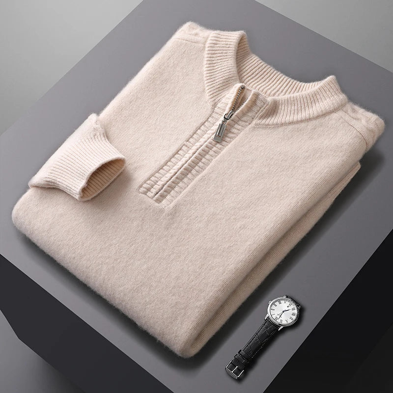 100% pure wool sweater round neck men's thick solid color long sleeved pullover sweater zipper wool knit winter cashmere sweater