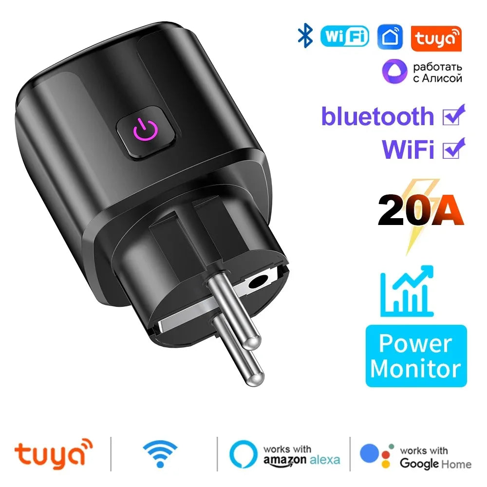 Tuya Smart EU Plug WiFi+Bluetooth 20A Socket With Power Monitoring Timer Child Lock Outlet Google Home Alice SmartThings Alexa