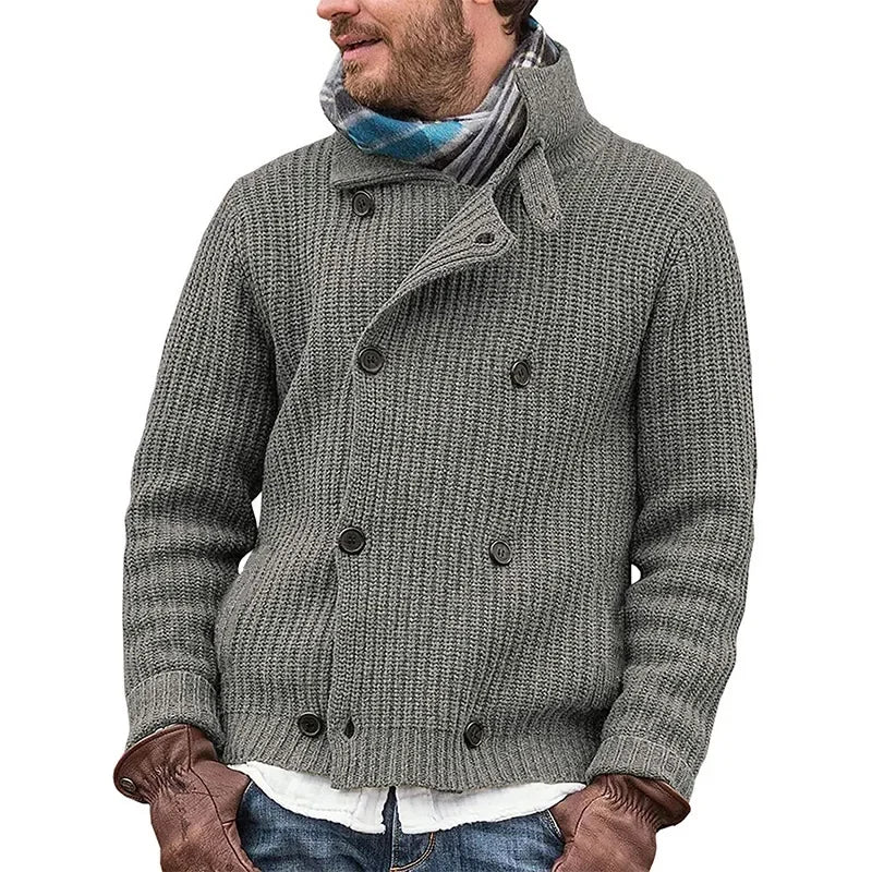 Men Sweater Coat Spring Solid Color Cardigan Straight Knit Coat Male Casual Long Sleeve Double Breasted Turn-down Collar Sweater