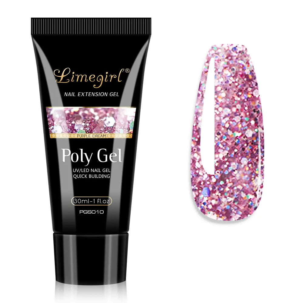 LIMEGIRL 30ml Nail Extension Gel Glitter Soak Off Nail Acrylic Crystal Build Poly UV Gel for Nails Quick Extension Manicure Glue