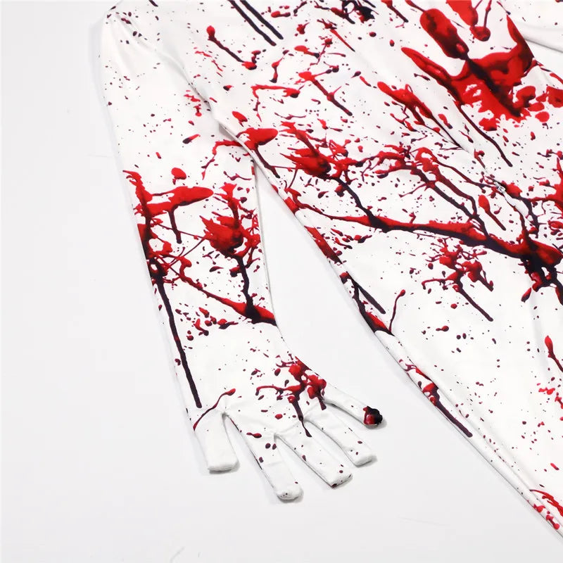 Kids Halloween Horror Costume Blood Red Jumpsuit with Scary Mask Spooky Role Play Party Outfit for Carnival Celebration