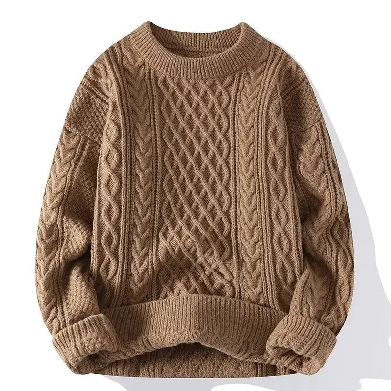 Trendy Knitted Sweater For Men Casual Round Neck Warm Inner Loose-fit Pullover Cozy Soft Supple Fall Winter Fashion
