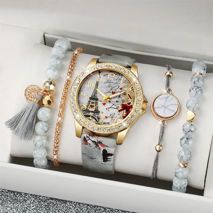 5Pcs/Set Fashion Women's Watch European and American Classic Retro Quartz Watch with Exquisite Beaded Bracelet Set