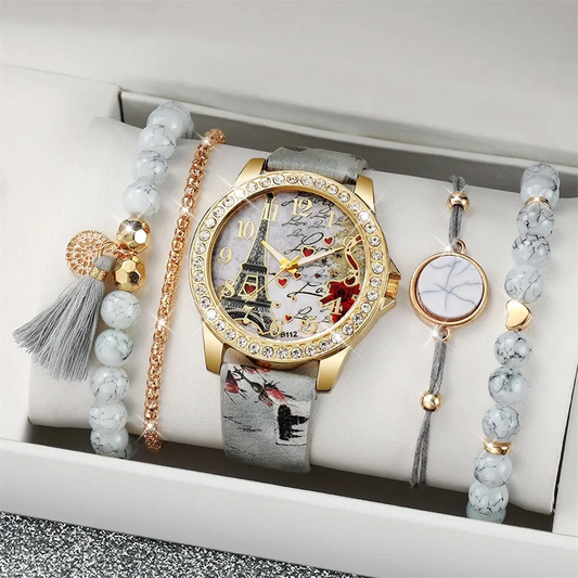 5Pcs/Set Fashion Women's Watch European and American Classic Retro Quartz Watch with Exquisite Beaded Bracelet Set
