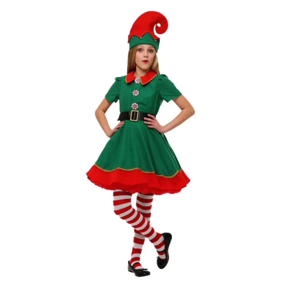 New Year Elf Costume For Kids Girl Boy Green Santa Claus Suit Set With Hat Children Fancy Christmas Party Dress Set Performance