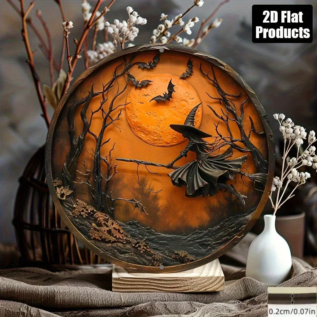 2D Flat, Halloween Wooden Wall Decor - 2D Flat Printed Round Sign with Witch, Bats & Moon Design - Classic Style Home, Kitchen,