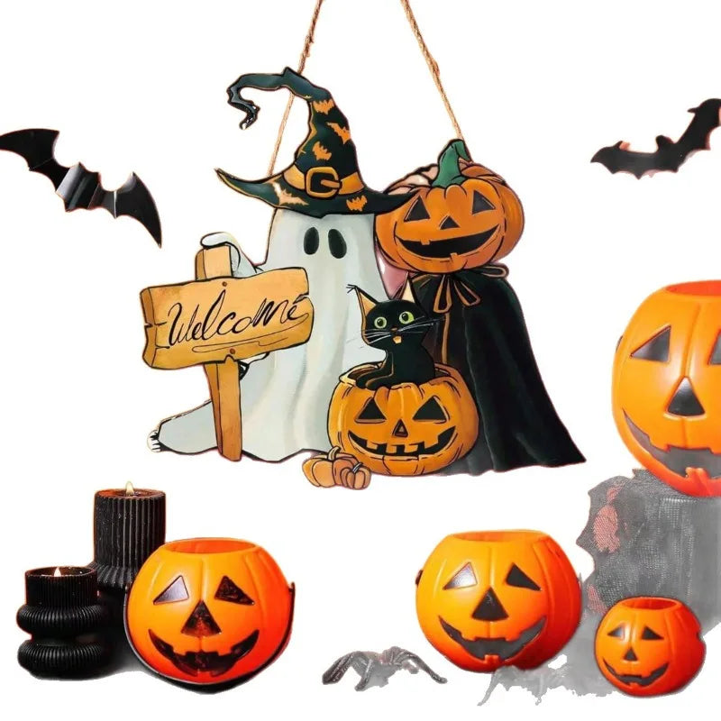 1pcs New Front Door Halloween Welcome Sign Pumpkin Skeleton Wreath Wooden Halloween Party Decoration