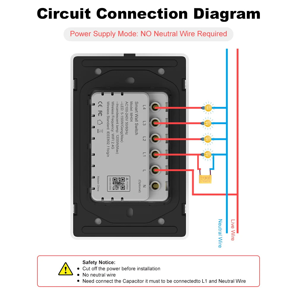 Manhot Matter WiFi Smart Wall Light Switch 1 2 3 4 Gangs with Neutral Wire Push  Physical Light Switches work with Homekit App