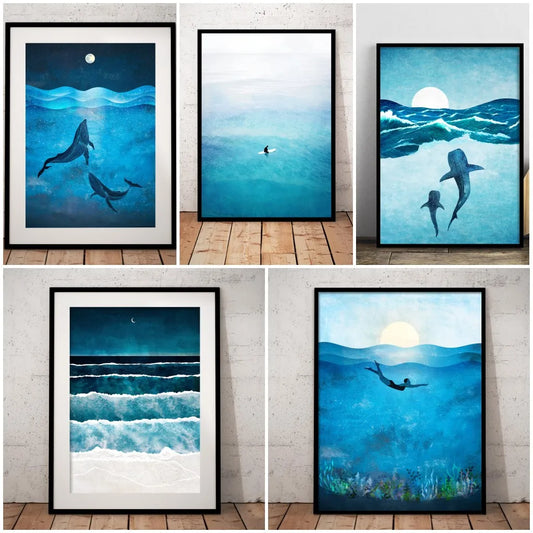 Blue Ocean Canvas Prints Minimalist Nautical Wall Art Wild Swimming Whales Seascape Poster Surfer Waves Picture Home Decor