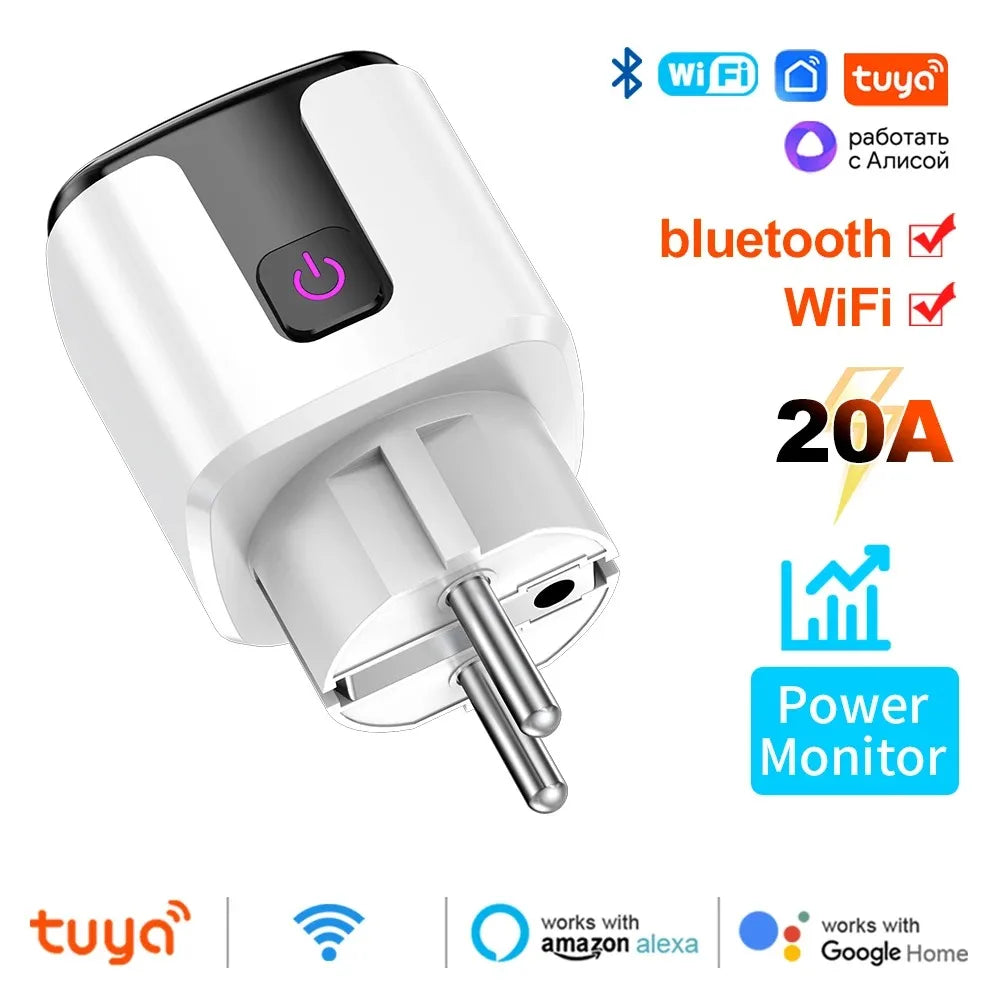 Tuya Smart EU Plug WiFi+Bluetooth 20A Socket With Power Monitoring Timer Child Lock Outlet Google Home Alice SmartThings Alexa