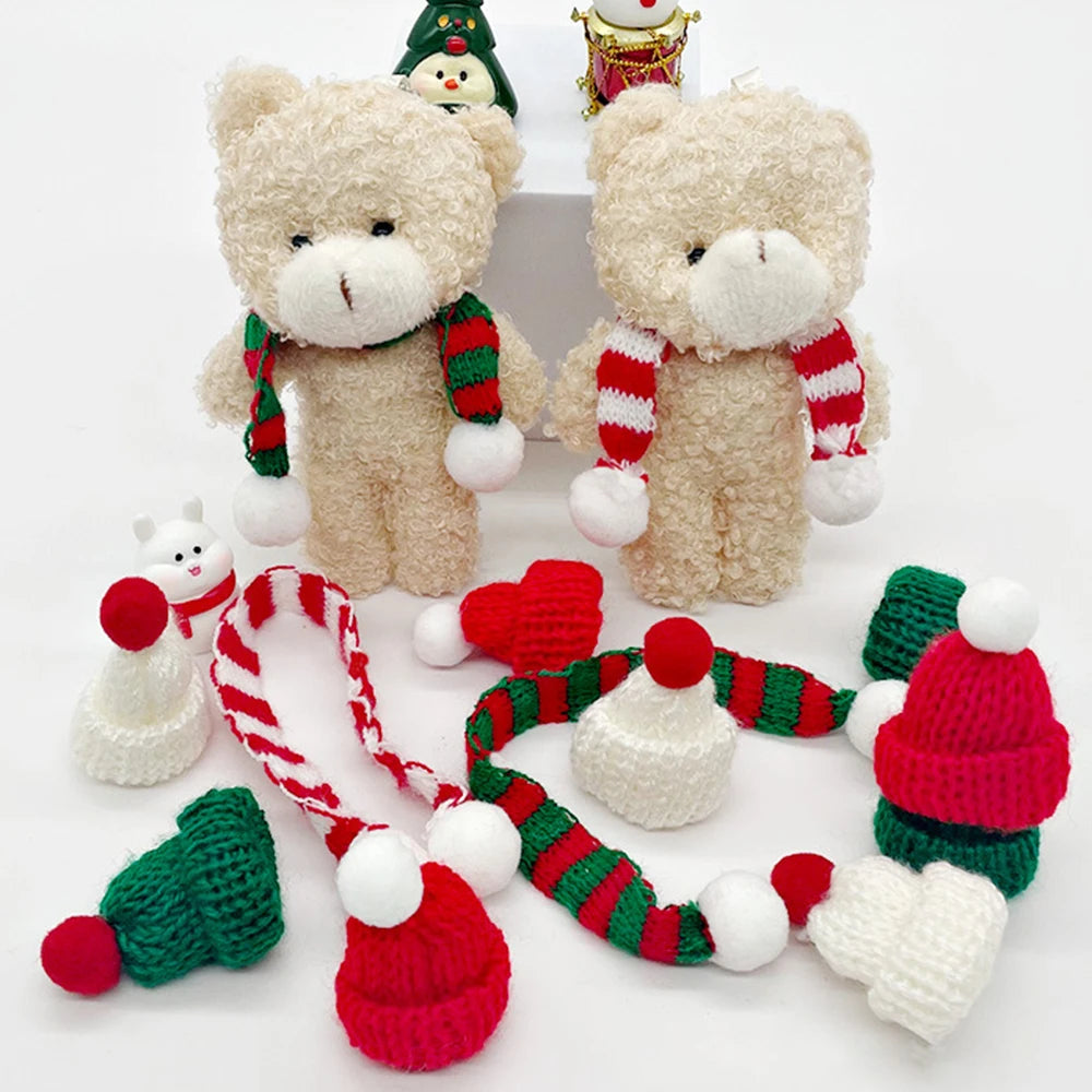 Mini Santa Knitted Hat & Scarf Small Christmas Costume for Cat Rabbit Doll Lollipop Bottle Cap DIY Xmas Party Dinner Decoration