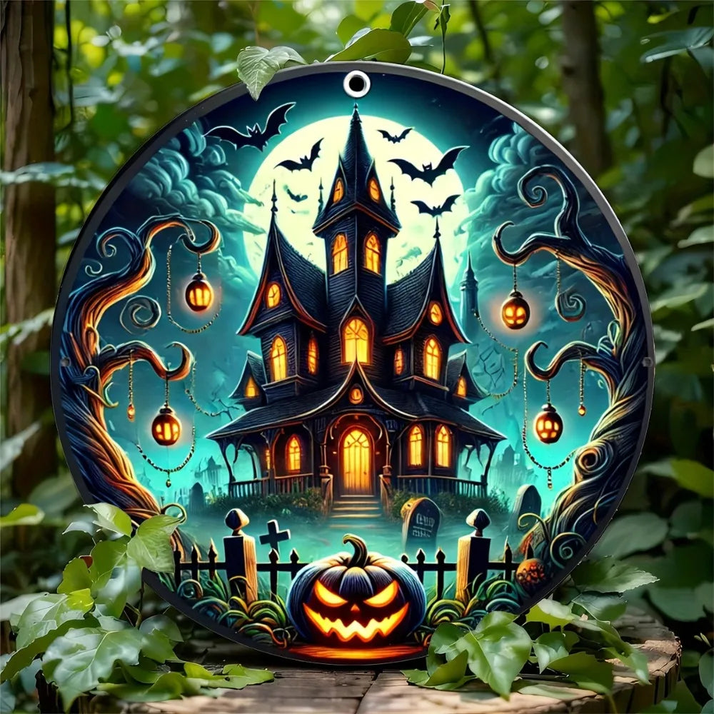 Classic Halloween Haunted House Iron Sign - Weather-Resistant Round Metal Decor for Door & Wreath