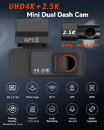 Dash Cam Dual Lens 4K UHD Recording Car Camera DVR Night Vision Video Recorder GPS Wi-Fi Room Black Box 2.5K Rear View Camera