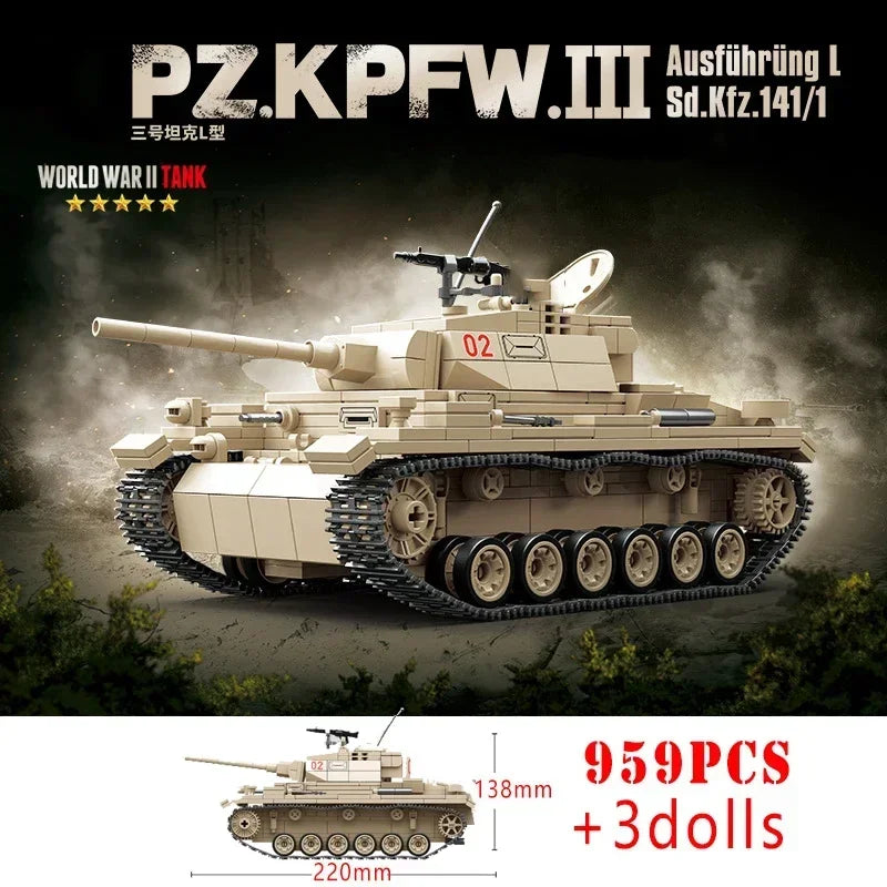 Germany Series Tank III L WW2 Military Series Tank Building Blocks  Bricks Model Set for Kids Educational Toys Christmas Gifts