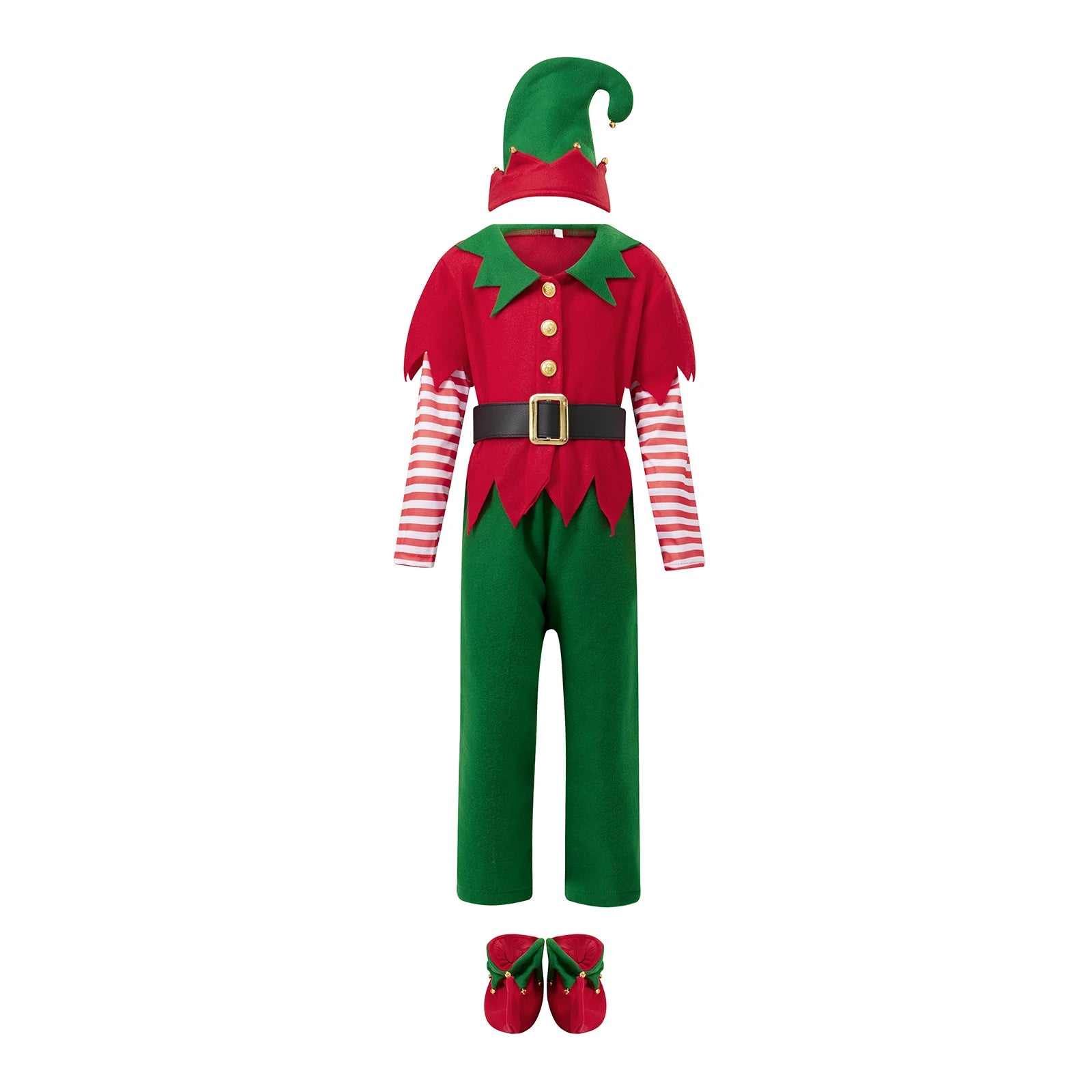 Christmas Elf Costume Clothes Boys Red and Green Patchwork Tops+Pants+Hats+Belt+Socks Cosplay Party Outfits