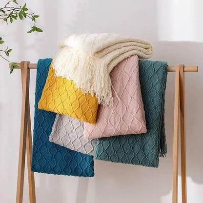 Khaki Gift Knitted Blanket with Tassels Chunky Vintage Luxury Farmhouse Throw Bedspread Oversized Blanket Cover Manta Para Sofá