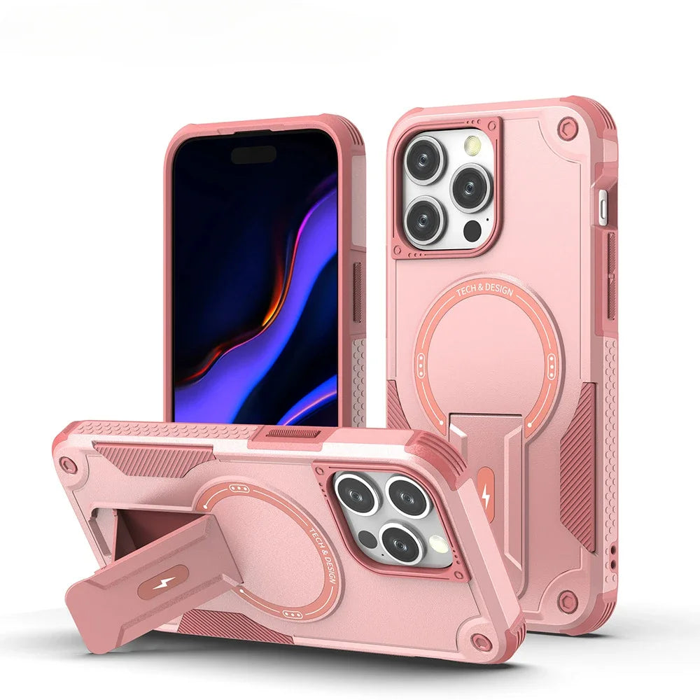 For MagSafe Magnetic Phone Case For iPhone 16 15 14 Plus 13 Pro Max Hidden Holder Stand Military Shockproof PC TPU Cover