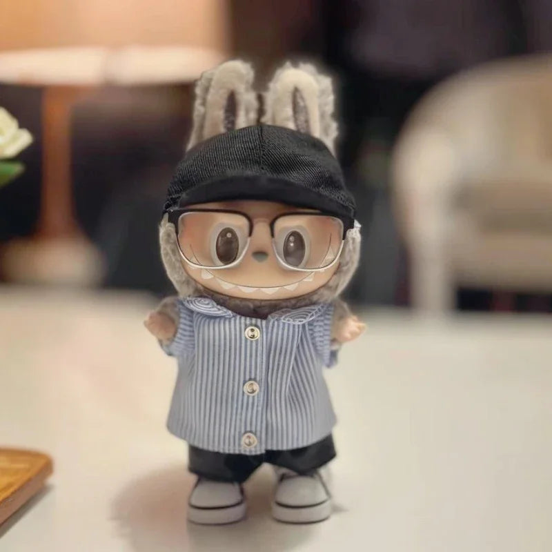 Striped shirt curled jeans set clothes For 15/17cm labubu doll outfit  Metal frame glasses For labubu doll Accessories