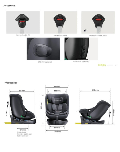 Child seat 360° ISOFIX rotating baby car seat, ECE R129/0-36 kg/0-12 years, 5-point seat belt