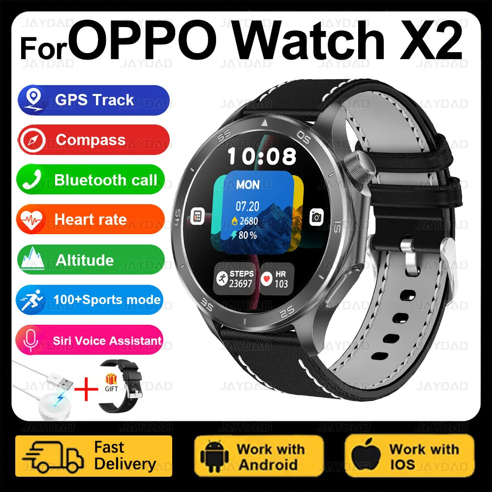 2025 New For OPPO Watch X2 Smart Watch Men AMOLED Outdoor Fashion GPS Compass Heart rate Waterproof Bluetooth Call Smartwatches
