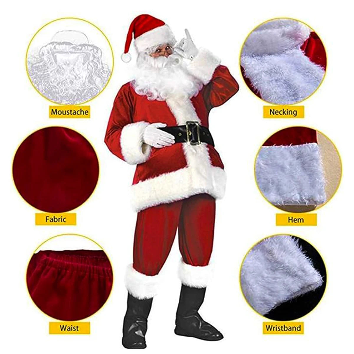 Santa Claus Costume Christmas Complete Dress-Up Outfit For Adult Santa Suit With Hat Men Cosplay Costumes 7PCS