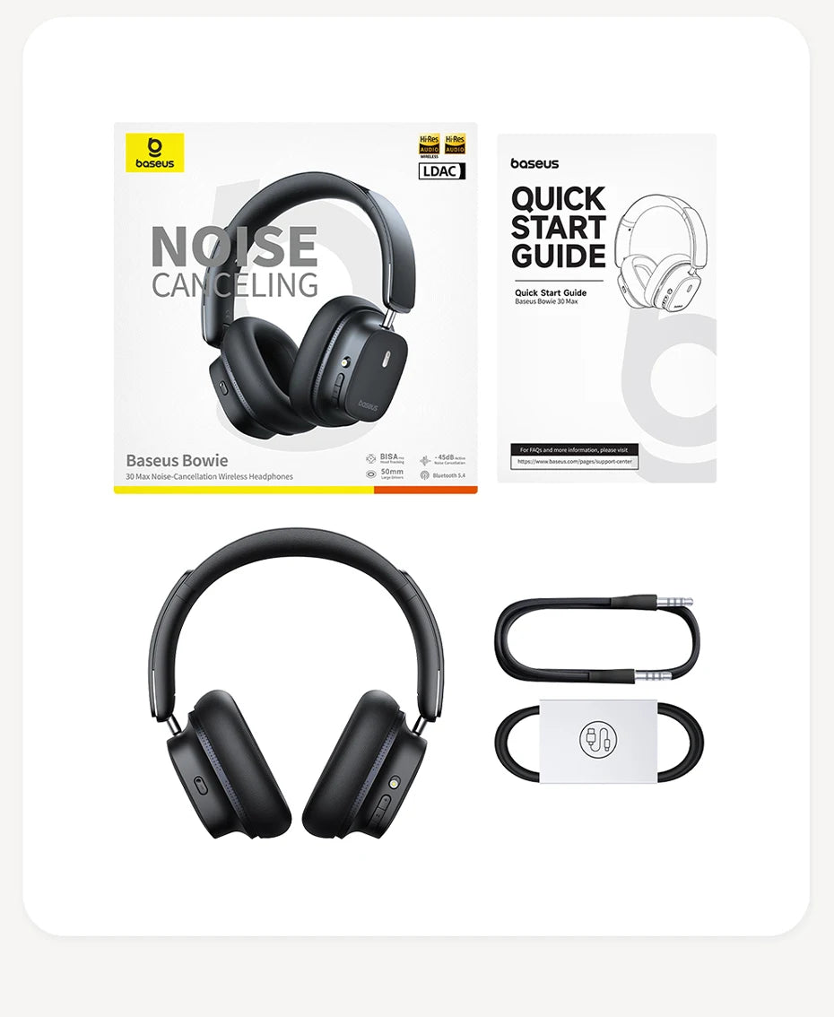 Baseus Bowie 30 Max Bluetooth Headphones 45dB Noise Cancellation Hi-res LDAC Over Ear Headset 3D Spatial Audio Wireless Earphone