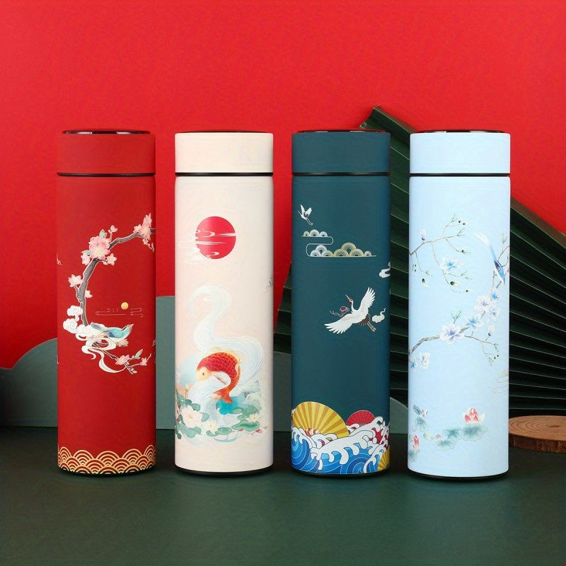 1pc Chinese Style Thermal Water Bottle, Retro Smart Temperature Display Insulated Cup, Stainless Steel Water Cup