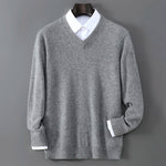 V-Neck Men's 100% Pure Wool Pullover Knitted Sweater, Business Casual Solid Color Simple Long Sleeved Fashionable Loose Warm Top