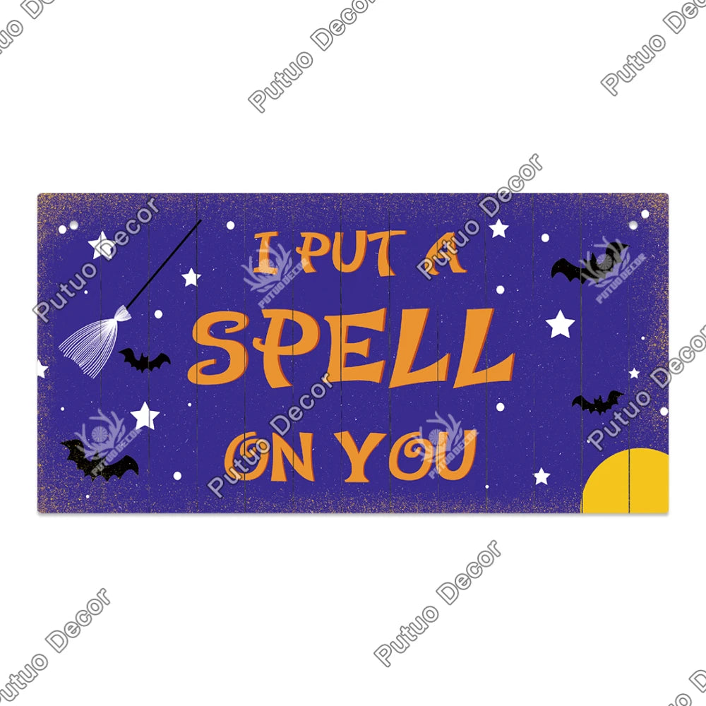 Putuo Decor Halloween Wooden Hanging Pendant Door Sign Pumpkin Ghost Bat Swith Greeting Doorplate Wood Crafts Happy Halloween Da