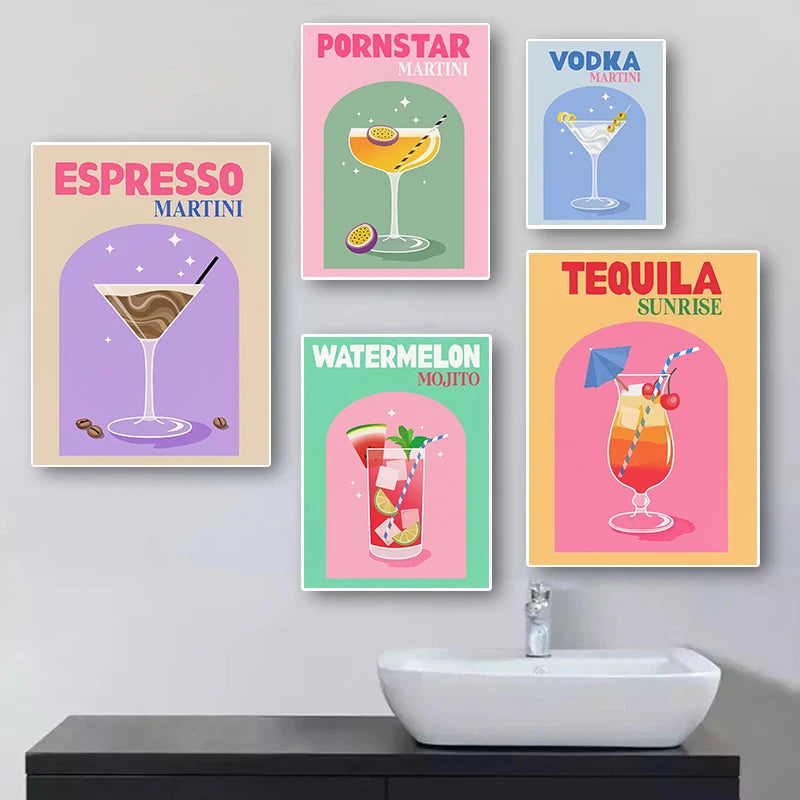 Simplicity Colorful Cocktail Posters Trendy Drinks Prints Whiskey Bar Cart Prints Canvas Painting Wall Pictures Home Bar Decor