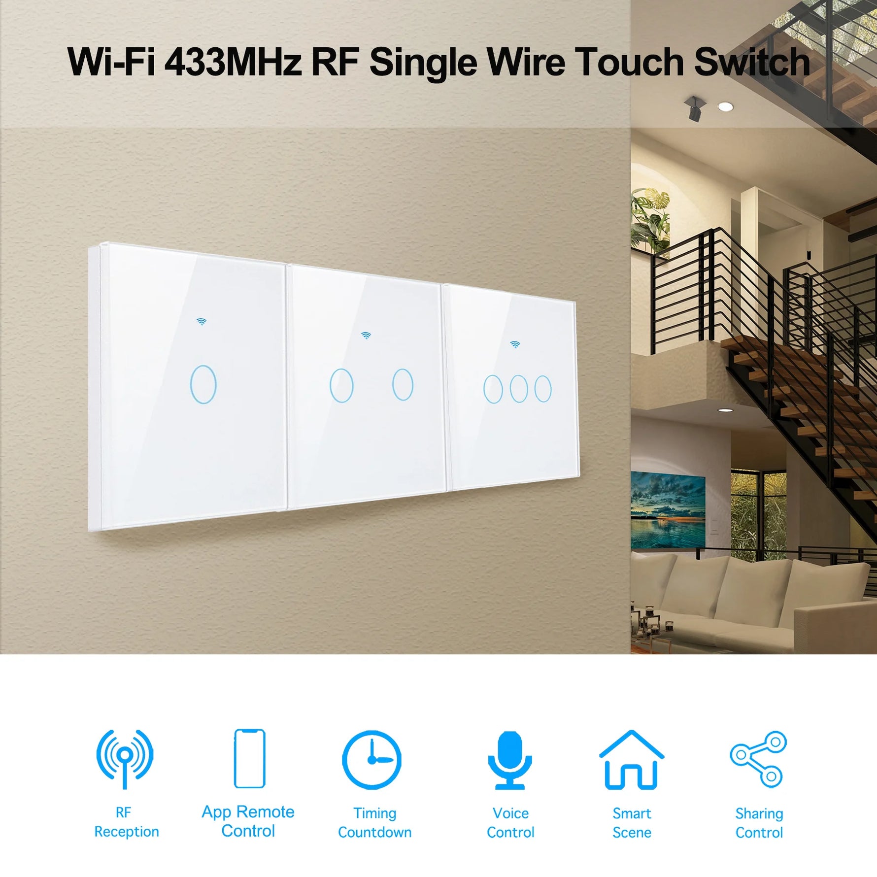 AXUS EU WiFi Smart Light Switches Touch Switch RF433 No Neutral Wire Smart Home Life Tuya App Control Support Alexa Google Home
