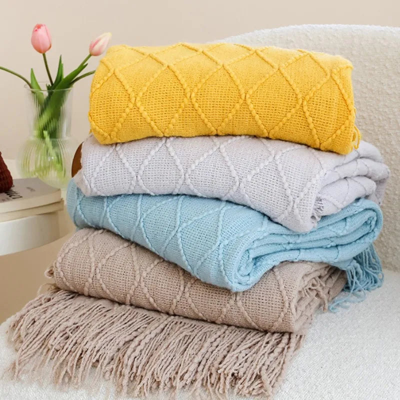 Khaki Gift Knitted Blanket with Tassels Chunky Vintage Luxury Farmhouse Throw Bedspread Oversized Blanket Cover Manta Para Sofá