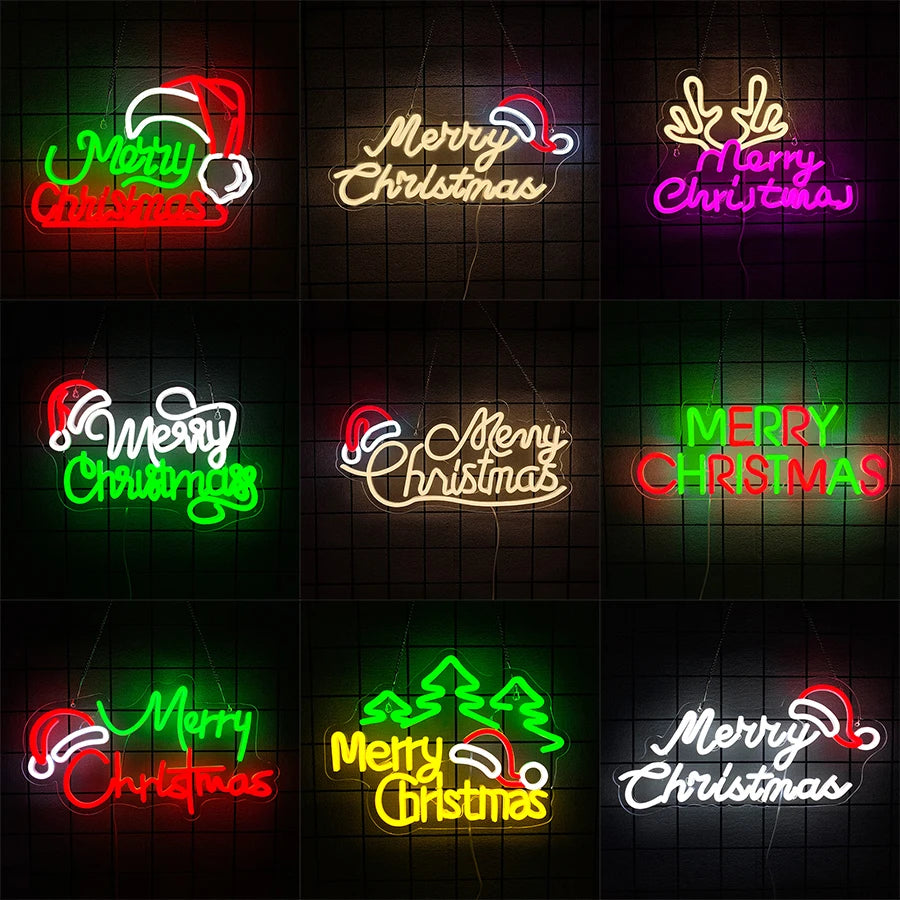 Merry Christmas Neon Sign for Wall Decor,Christmas Neon Sign with Xmas Tree and Santa Hat for  Living Room Home Party Decor