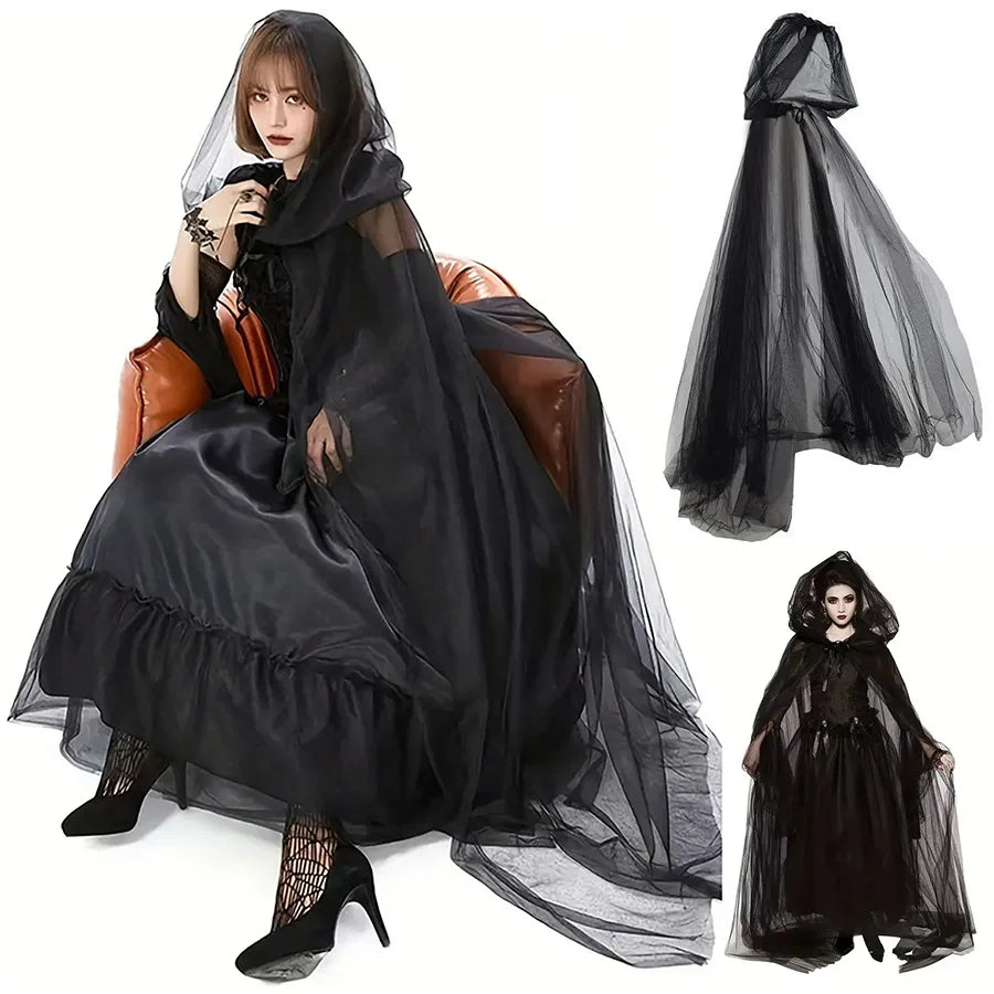 Black Bridal Shawl Witch Vampire Cosplay Cloak Halloween Double Cloak Game Party Costume Props Holiday Dress Up