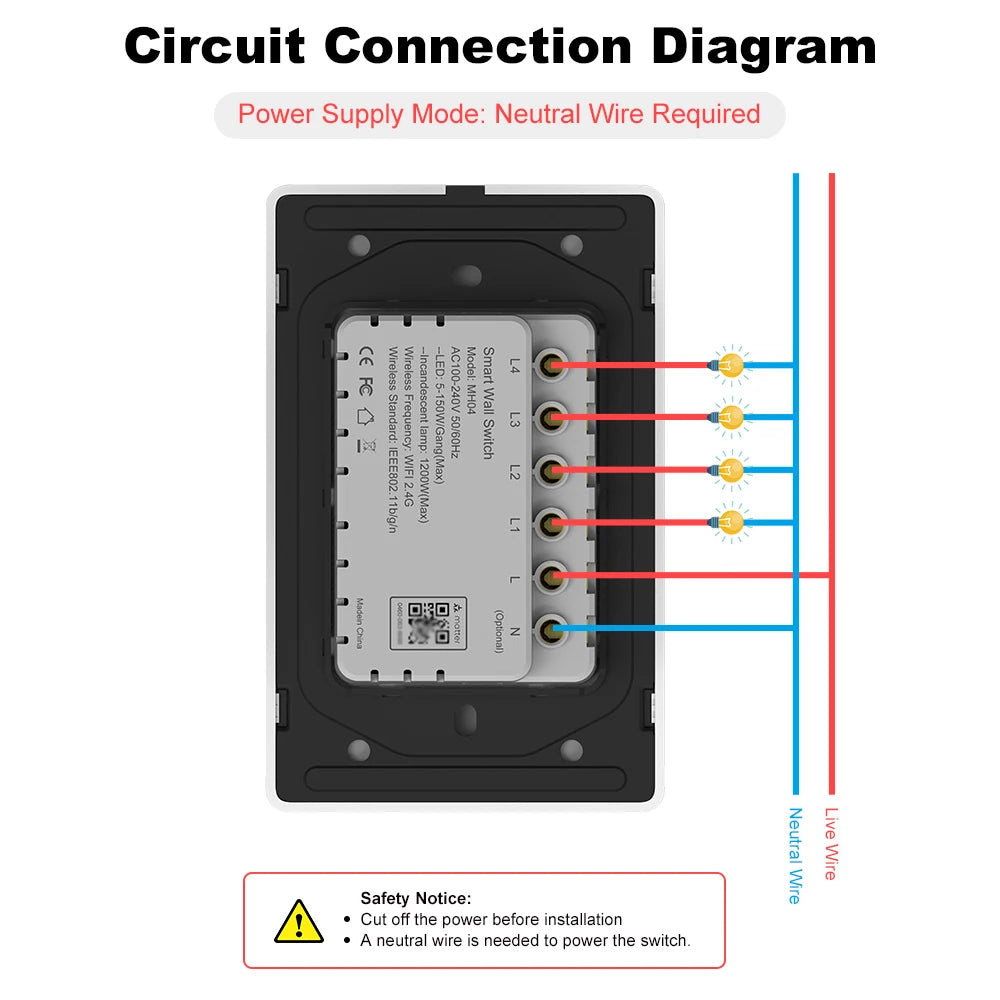 Manhot Matter WiFi Smart Wall Light Switch 1 2 3 4 Gangs with Neutral Wire Push  Physical Light Switches work with Homekit App