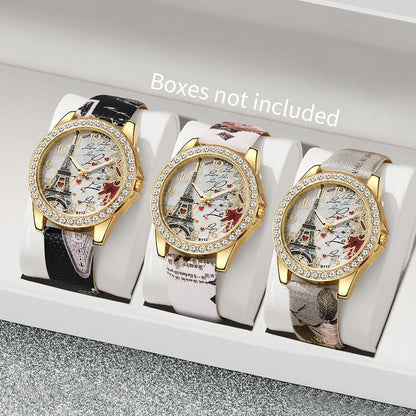 3/4/5PCS Fashion Rhinestone Women's Watch Flowers Printed Leather Band Female Quartz Watches Bracelets Set（Without Box）