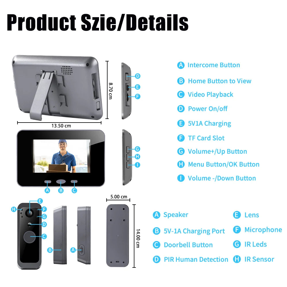 2.4Ghz Wireless Video Doorbell IP65 Outdoor Monitoring Two Way Audio Intercom Door Camera PIR Motion Detection 4' IPS Screen