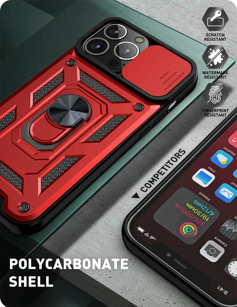 Luxury Slide Camera Lens Protection Armor Case for iPhone 17 16 15 14 Plus 13 12 Pro Max Military Grade Bumpers Metal Ring Cover