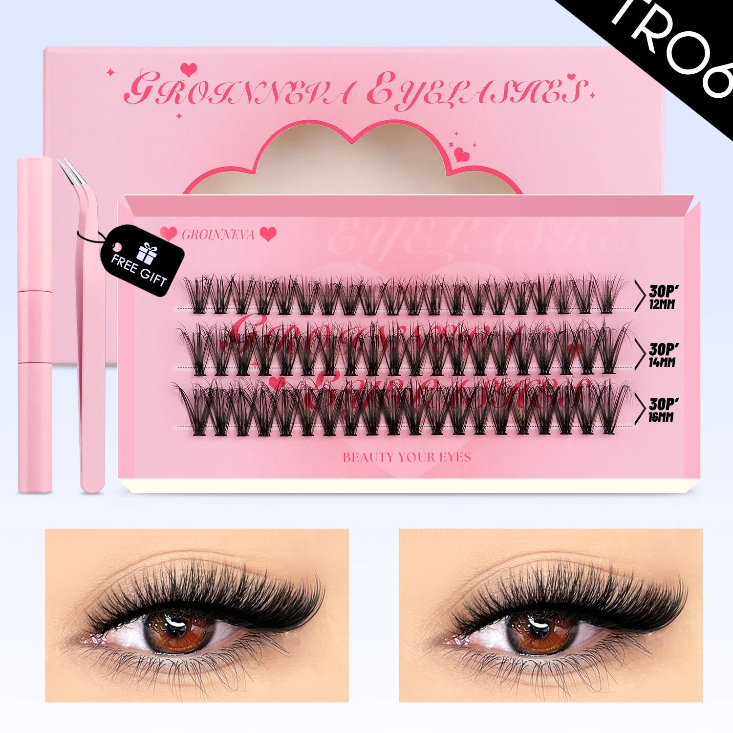 GROINNEYA DIY Lash Clusters Set Mixed Tray Lashes Kit Fluffy Individual Lashes Extension with Lash Bond and Seal At Home Makeup