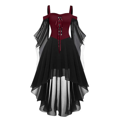 Halloween Witch Cosplay Costumes Women Casual Plus Size Cold Shoulder Dress Solid Color Chiffon Butterfly Sleeve Gothic Dress