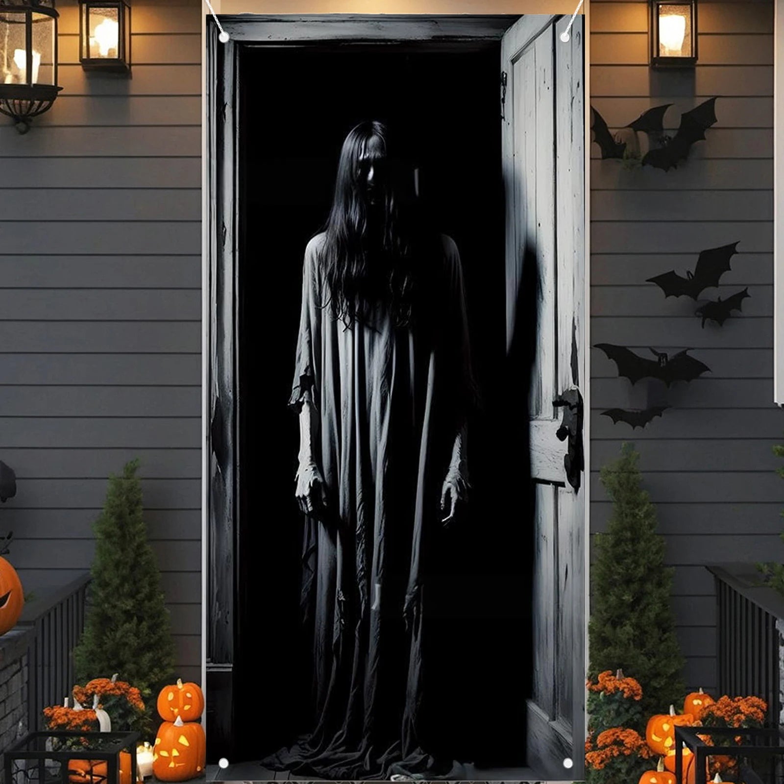 Halloween Door Cover, Halloween Door Backdrop Banner Ghost Creepy Devil Go Crazy Terror Theme Scary Halloween Party Decoration S