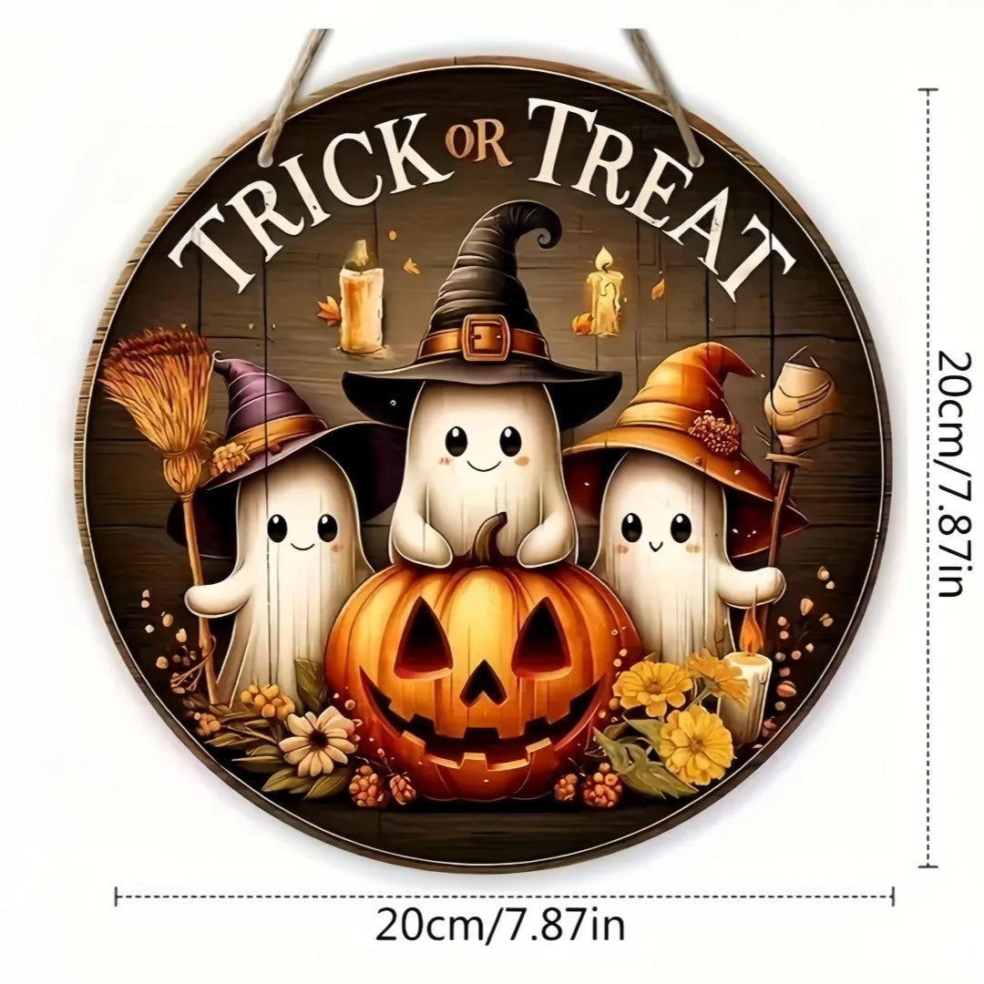 Halloween Round Wooden Signage - Cute Ghost, Pumpkin, Witch Hat Design, Suitable for Home, Door, Garden, Halloween Decoration