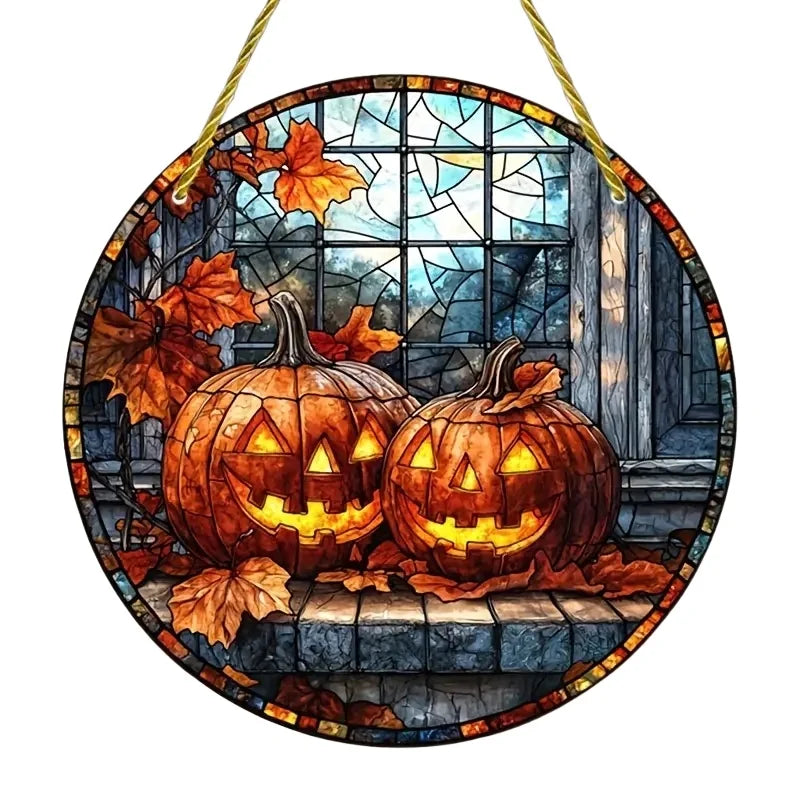 2D Halloween pumpkin circular acrylic sign, suitable for windows, porches, classrooms, courtyards, Halloween decorations, gifts